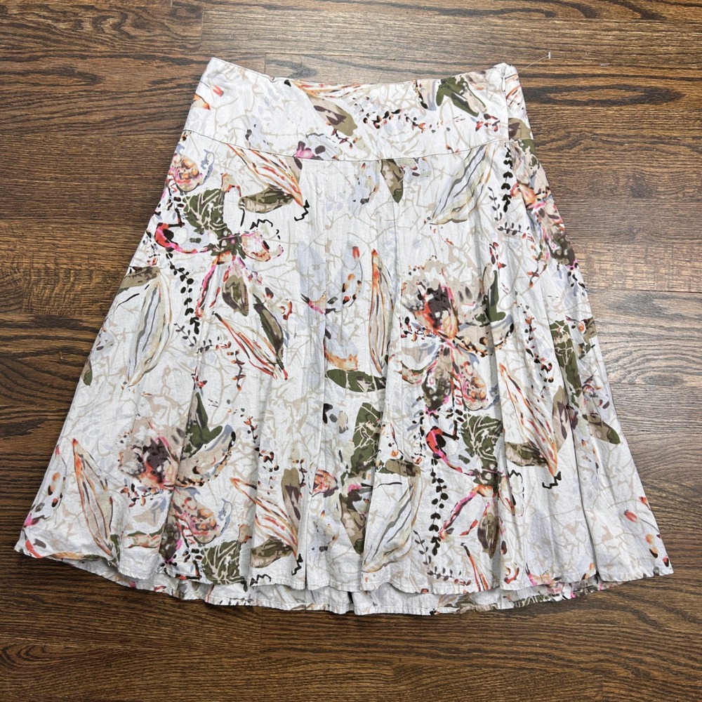 Coldwater Creek Floral A Line Skirt Womens Small 6-8 Cotton Linen Knee Length